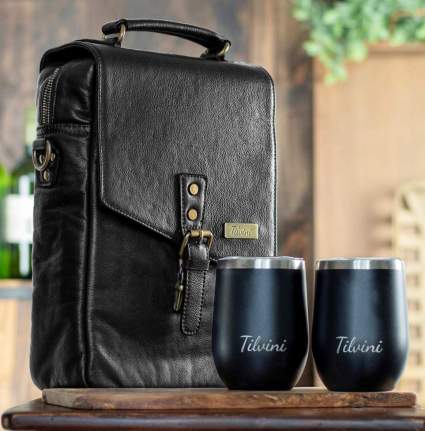 Tilvini Leather 2 Bottle Insulated Wine Bag And Tumblers