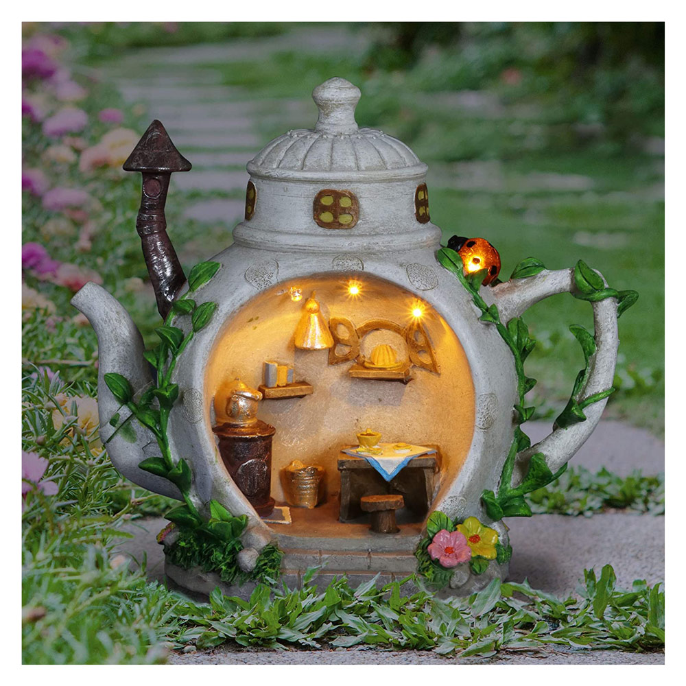 Glow Stones Swing Elves Garden Decorations for Indoor or Outdoor Trasfit Fairy Garden Kit Table and Chairs Meditation Gnomes 7.9”Solar LED Light House Glow in The Dark Accessories Set 