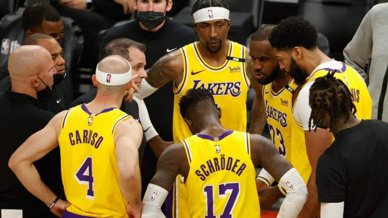 Los Angeles Lakers in a huddle