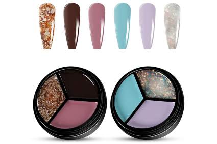 Two three-color round palettes of nail polish with glitter