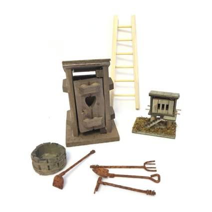 Miniature gardener set with tools, ladder, and outhouse