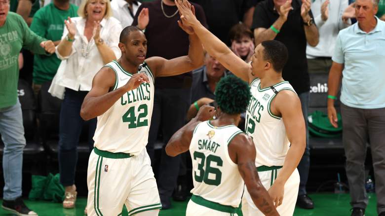 From left, Al Horford, Marcus Smart and Grant Williams of the Celtics