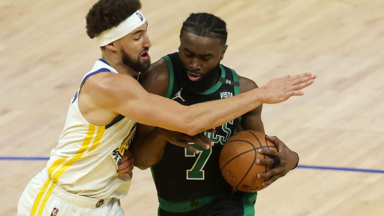 Jaylen Brown of the Celtics, right, in Game 5 of the NBA Finals.