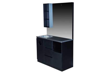 Black wet barbershop station with sink and mirror