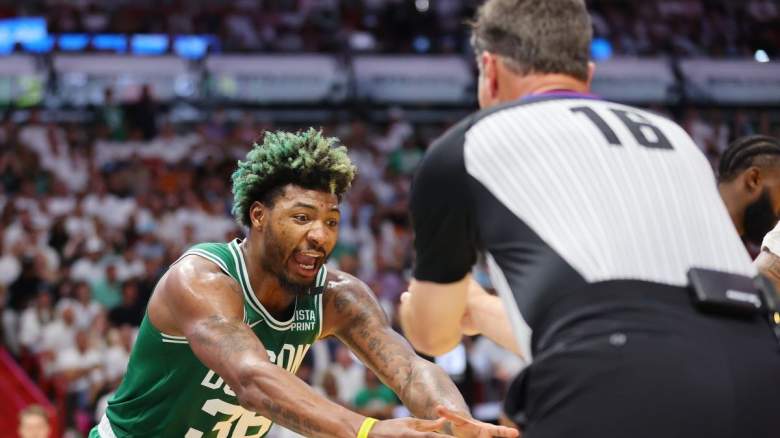 Marcus Smart of the Boston Celtics arguing with a game official