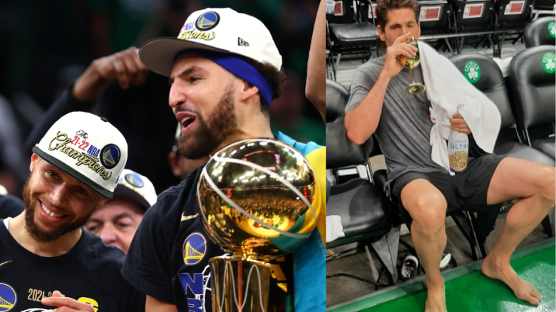 Stephen Curry and Klay Thompson, at left. Bob Myers after winning a championship, right.
