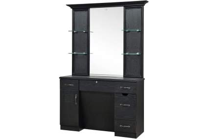 Tall black salon station with mirror and drawers