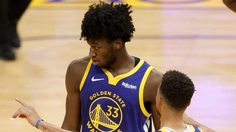 James Wiseman and Stephen Curry of the Golden State Warriors.