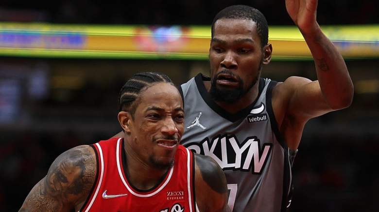 DeMar DeRozan of the Chicago Bulls and Kevin Durant of the Brooklyn Nets.