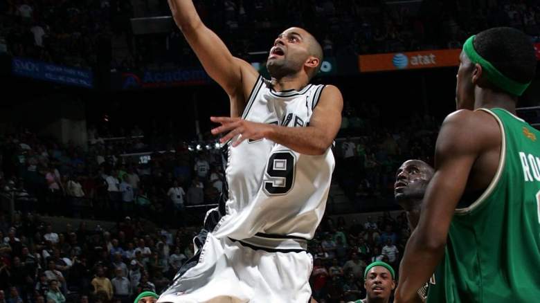 Tony Parker of the San Antonio Spurs in a game against the Boston Celtics.