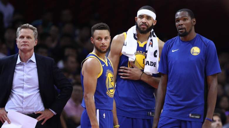JaVale McGee, Steph Curry, Steve Kerr, and Kevin Durant