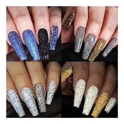 long nails with glittery nail polish in many colors