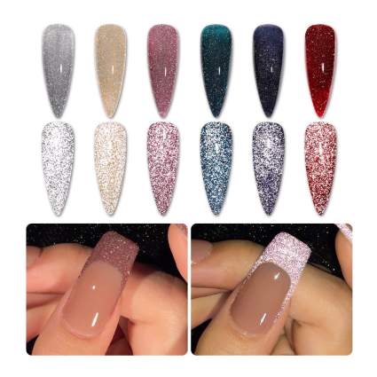 glitter nail plish swatches with before and after reflecting light