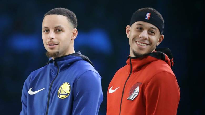Stephen Curry of the Golden State Warriors and Seth Curry, now of the Brooklyn Nets.