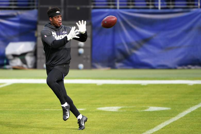 Ravens WR James Proche catches a pass during warm ups