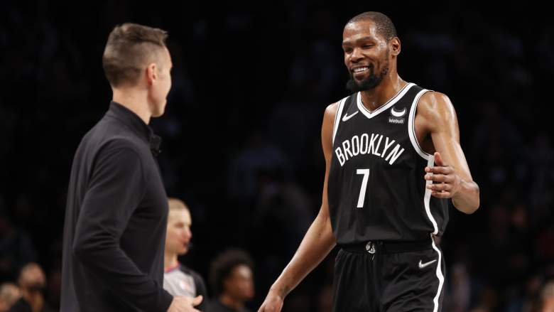 Coach Steve Nash and Kevin Durant (right) of the Nets