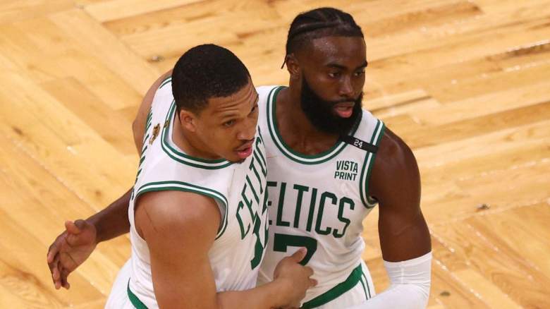 Grant Williams and Jaylen Brown of the Boston Celtics.