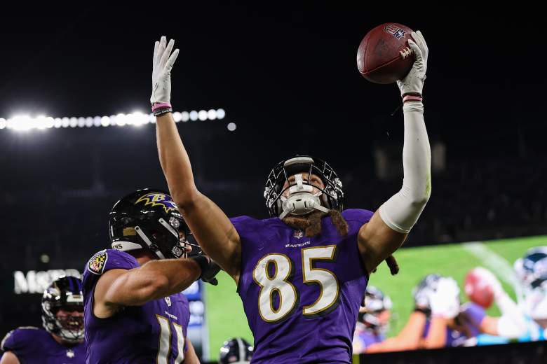 Ravens WR Shemar Bridges celebrates scoring a touchdown.