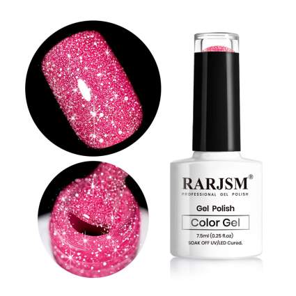pink glittery gel nail polish with white bottle