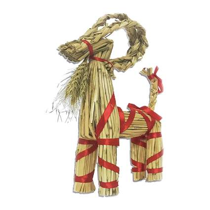 Straw Yule Goat with red ribbon