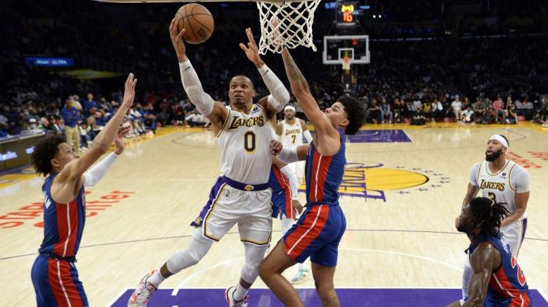 Lakers guard Russell Westbrook drives against the Pistons