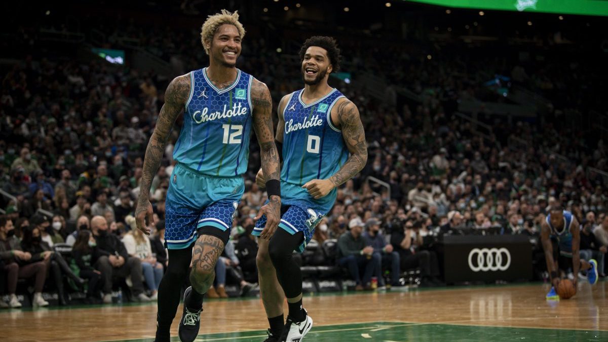 Kelly Oubre Jr. #12 of the Charlotte Hornets reacts after making a
