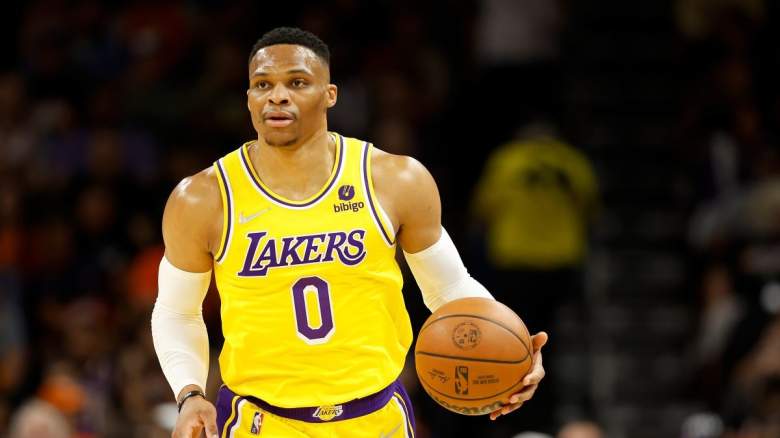 Lakers point guard Russell Westbrook dribbles the ball during the 2021-22 season