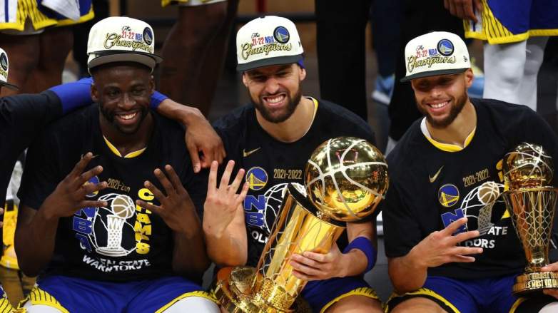 Draymond Green, Klay Thompson, and Stephen Curry of the Golden State Warriors.