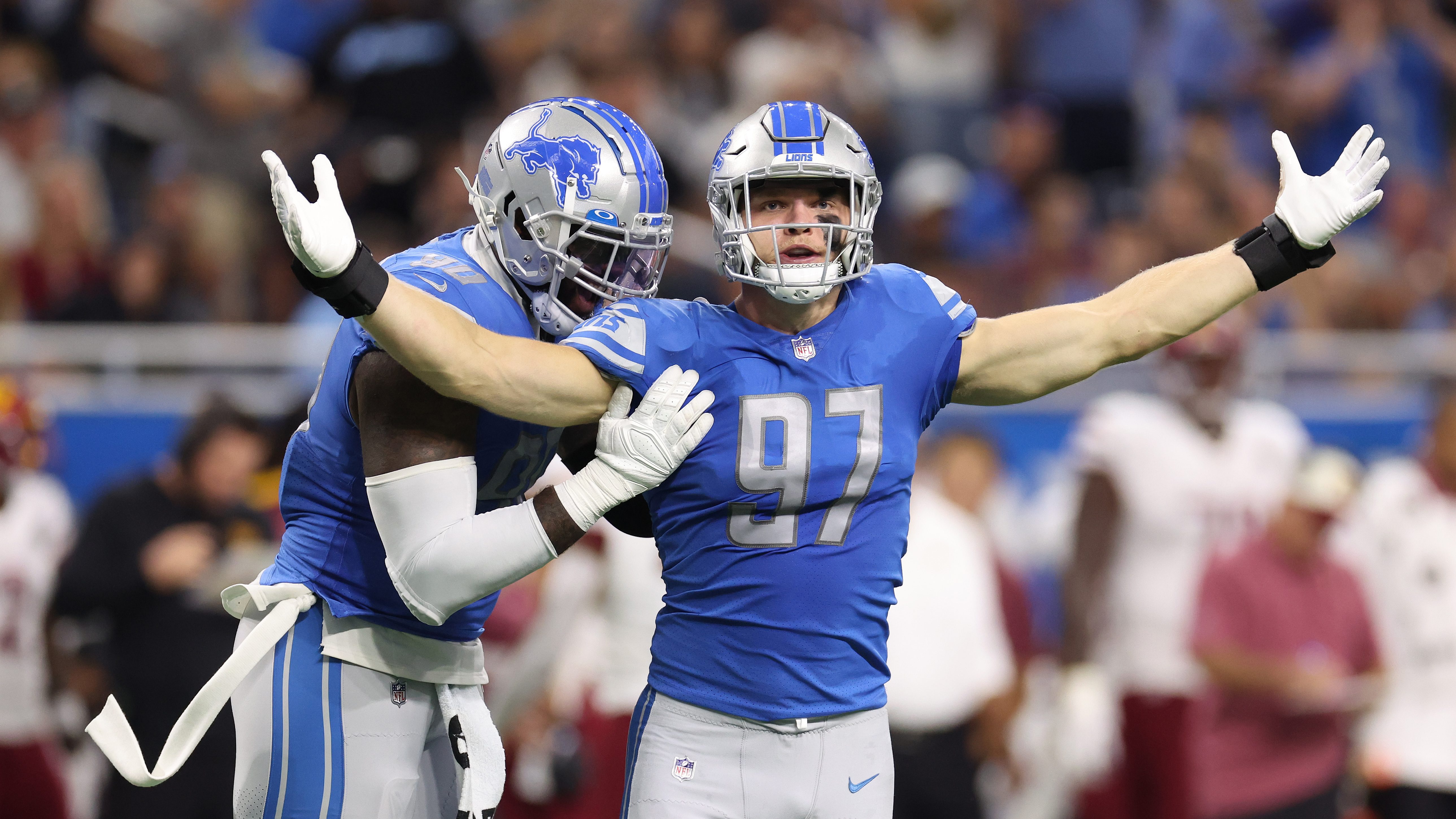 Detroit Lions' Aidan Hutchinson, Jameson Williams meet media