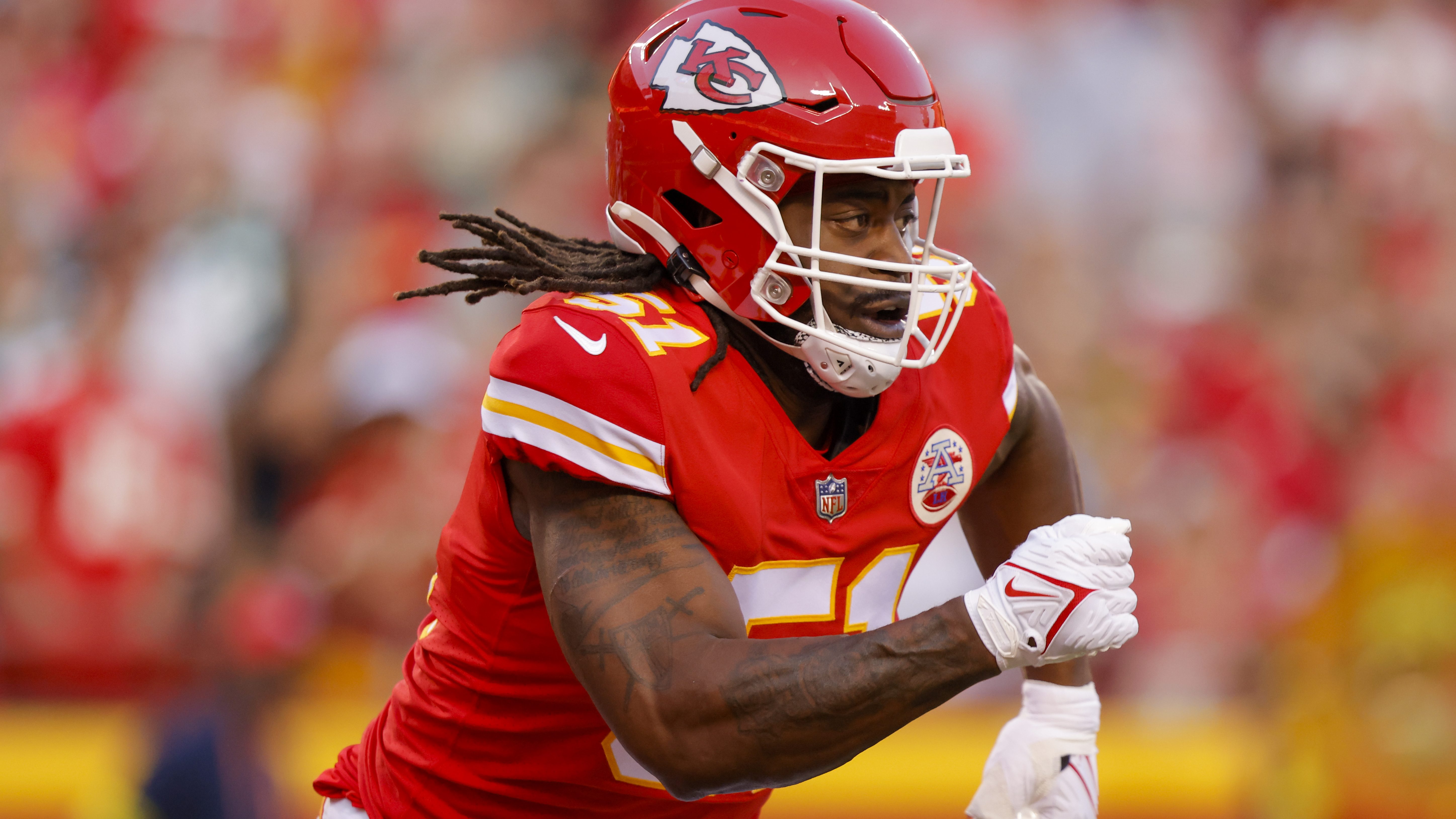 Kansas City Chiefs defensive end Mike Danna (51) wears Salute to Service  decal during an NFL