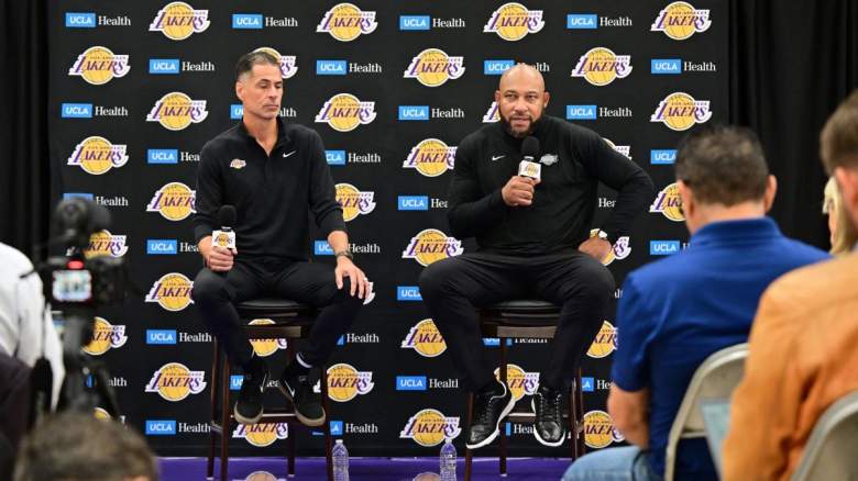 Lakers GM Rob Pelinka (left) and head coach Darvin Ham at media day