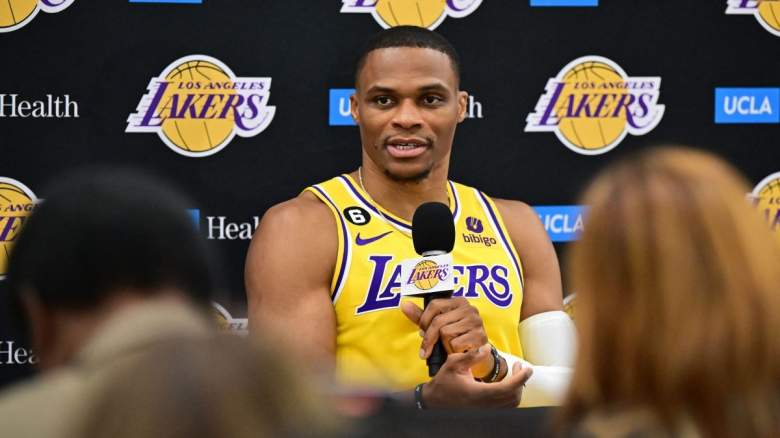 Lakers guard Russell Westbrook talks to reporters during media day