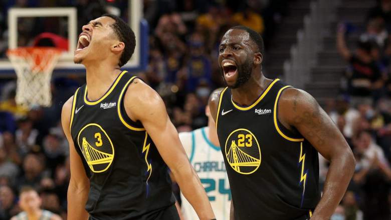 Jordan Poole and Draymond Green of the Golden State Warriors.