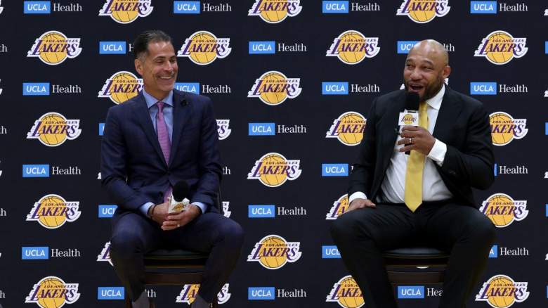 Lakers GM Rob Pelinka (left) and head coach Darvin Ham at Ham's introductory press conference