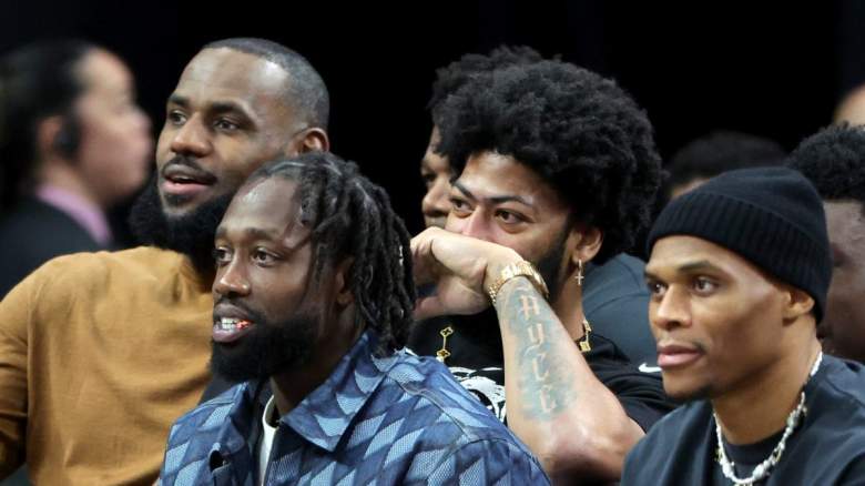Lakers stars LeBron James, Anthony Davis, Patrick Beverley and Russell Westbrook sit on the bench