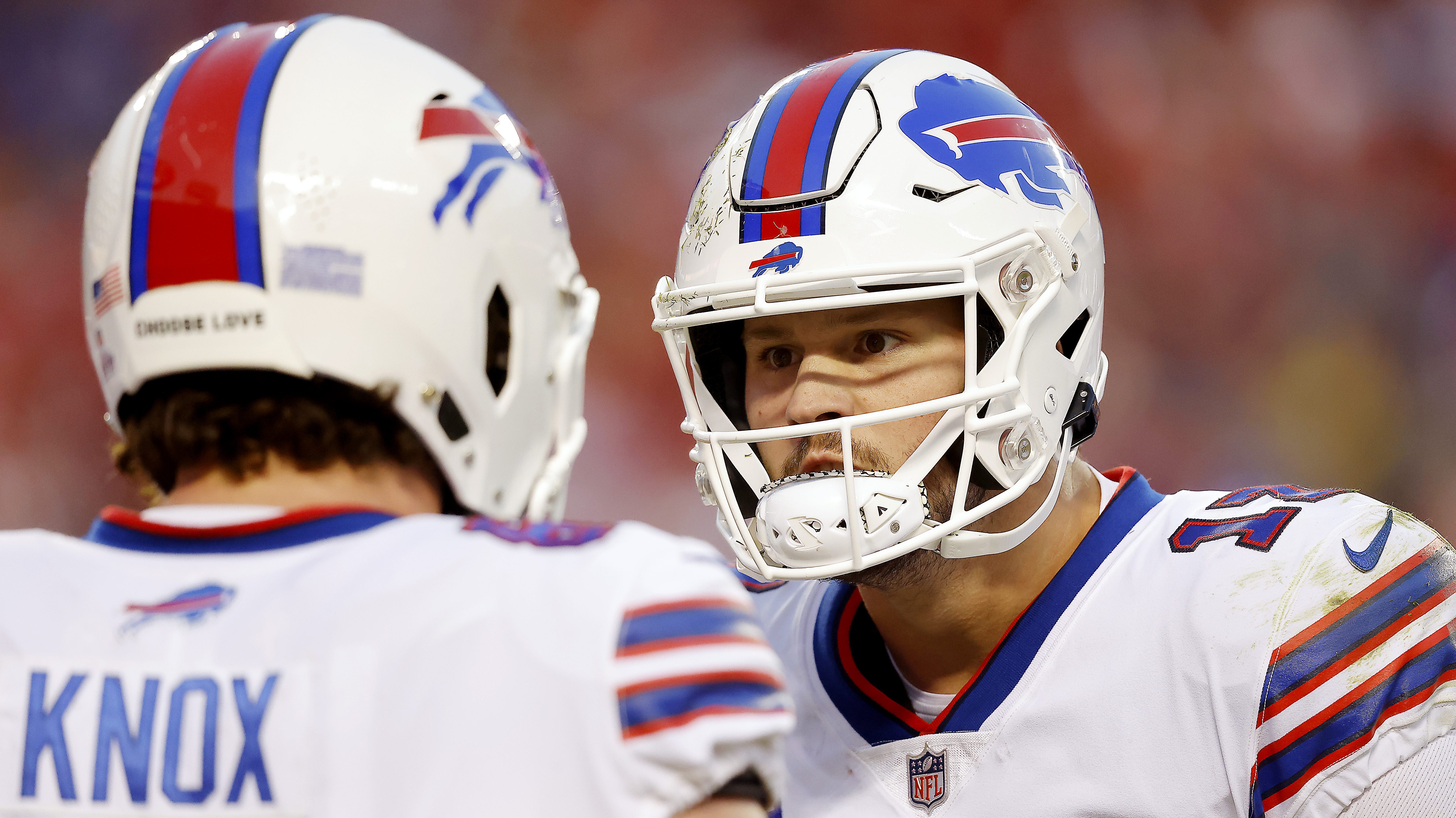 Dawson Knox of the Buffalo Bills catches a pass in front of Justin