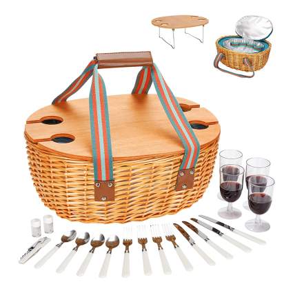 STBoo Wicker Picnic Basket for Four with Large Insulated Cooler Bag and Folding Table