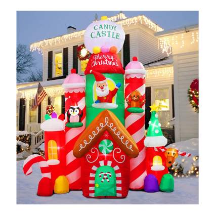 Tall inflatablel decoration of a candy castle