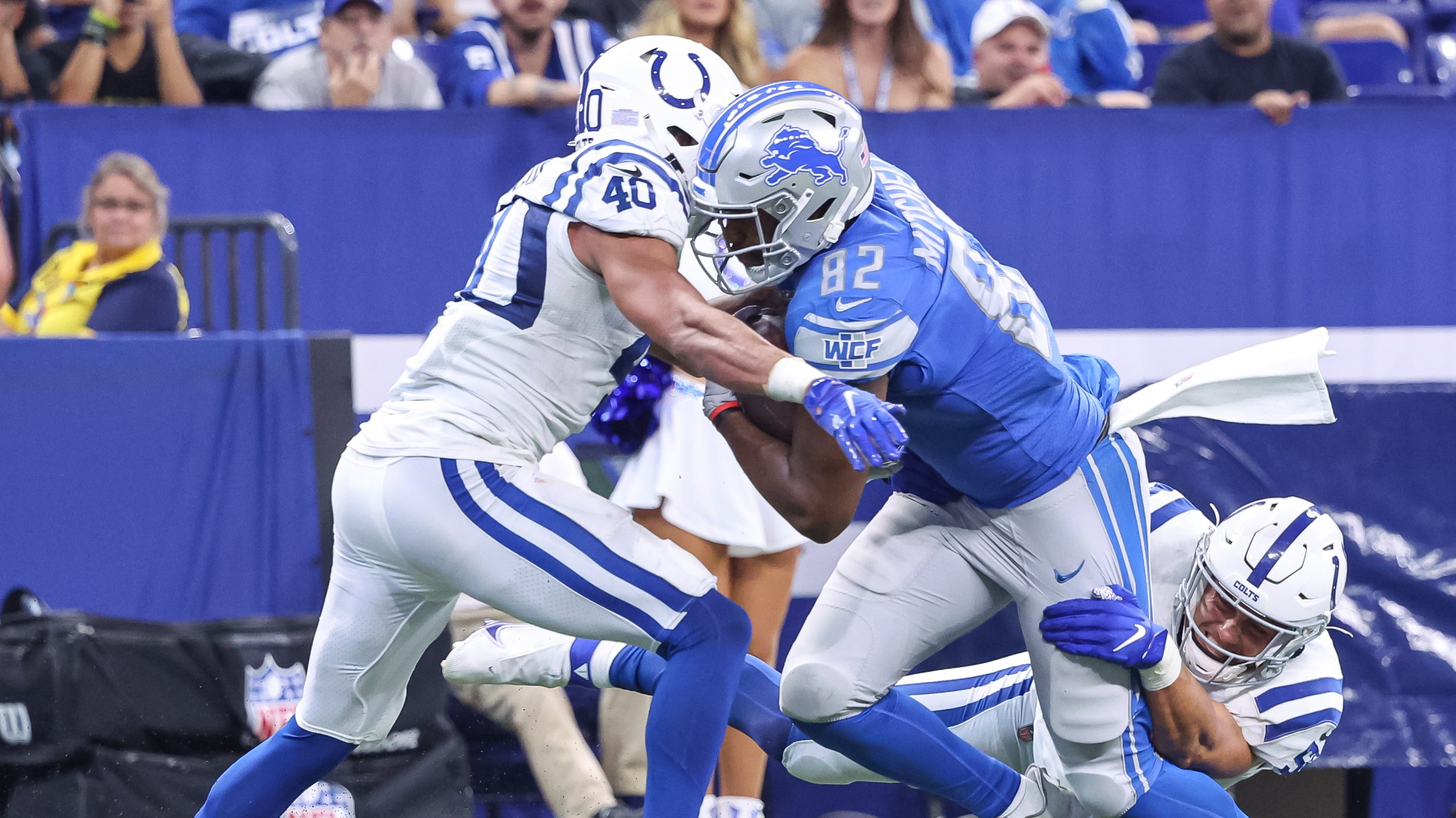 Detroit Lions tight end James Mitchell (82) practices before an