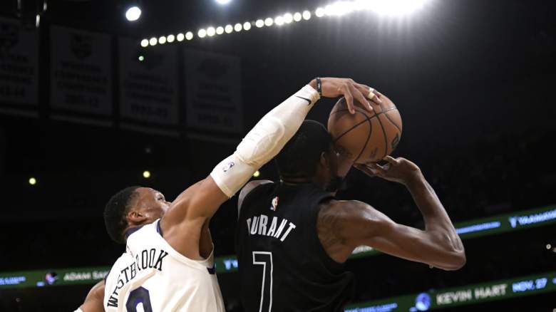 Lakers guard Russell Westbrook blocks Nets forward Kevin Durant