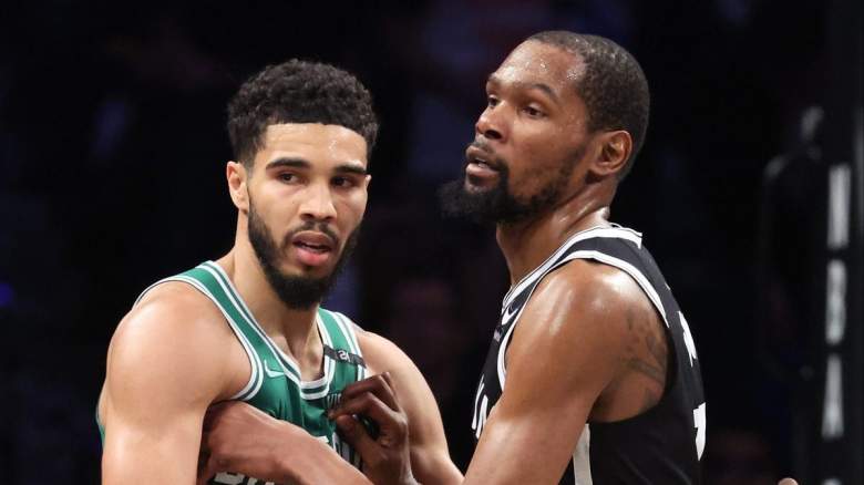 Jayson Tatum of the Boston Celtics and Kevin Durant of the Brooklyn Nets.