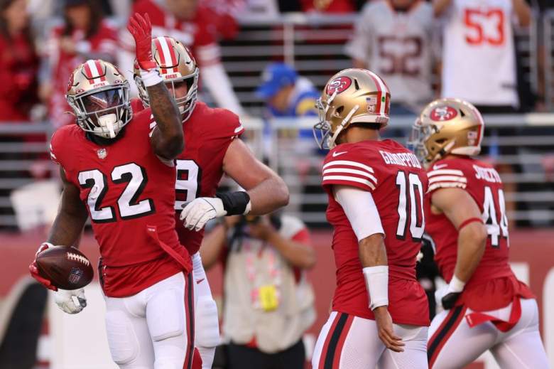 SANTA CLARA, CALIFORNIA - OCTOBER 03: Running back Jeff Wilson Jr. #22 of the San Francisco 49ers celebrates after rushing for a touchdown against the Los Angeles Rams during the first quarter at Levi's Stadium on October 03, 2022 in Santa Clara, California. (Photo by Ezra Shaw/Getty Images)