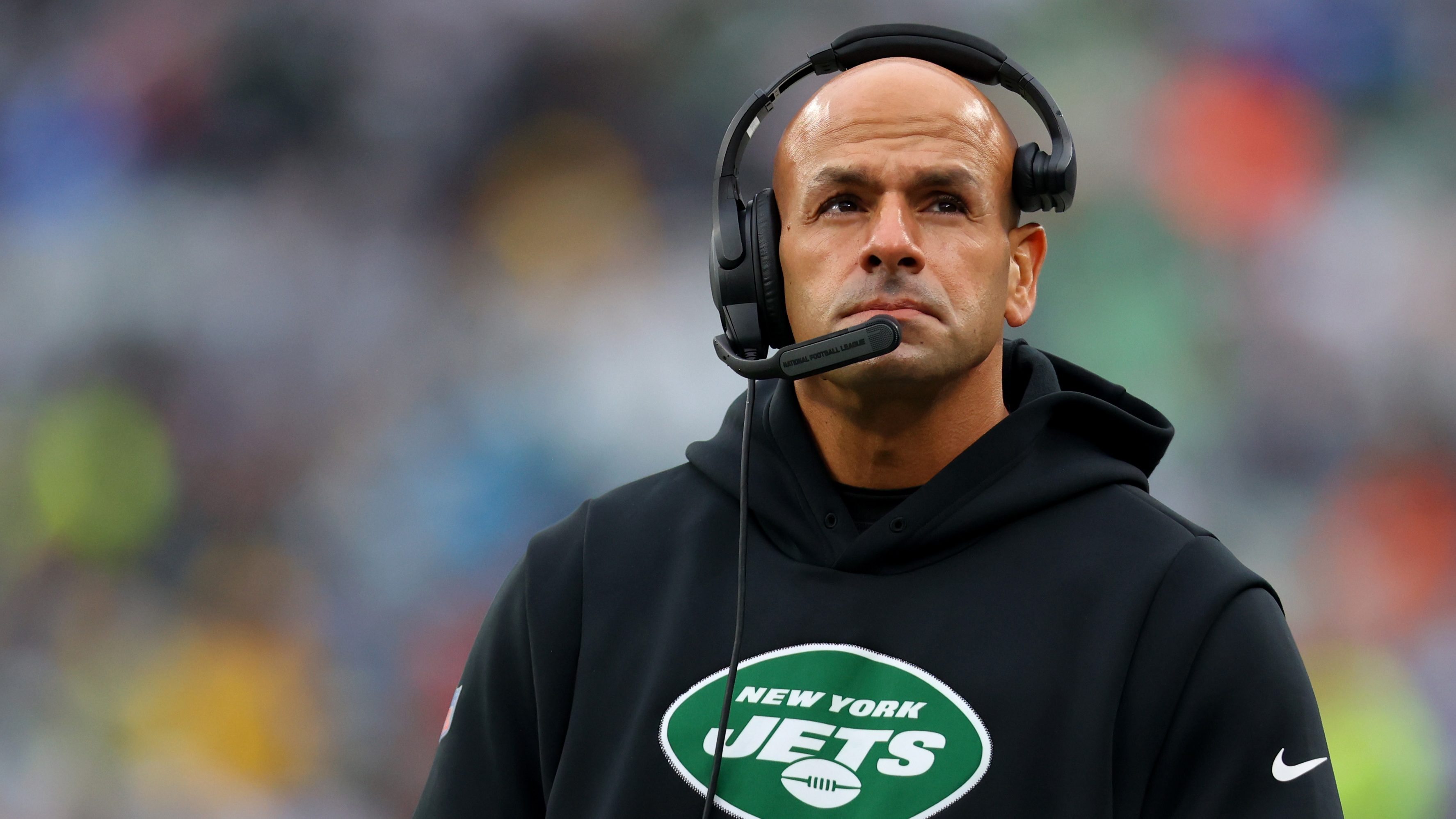 Nov 27, 2022; East Rutherford, New Jersey, USA; New York Jets head coach Robert Saleh looks on during the second half against the Chicago Bears at MetLife Stadium. Mandatory Credit: Vincent Carchietta-USA TODAY Sports