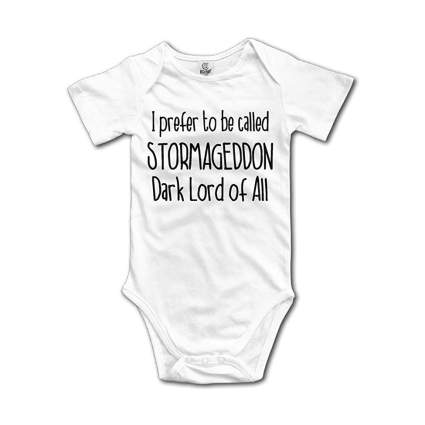 White baby onsie with quote about Doctor Who's Stormageddon