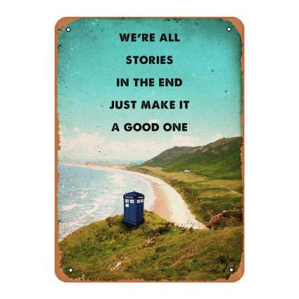 metal sign with beachscape and Tardis