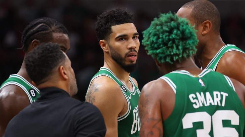 Boston Celtics' Jayson Tatum (0) high-fives Derrick White (9) after scoring  and drawing a foul during first half of an NBA basketball game against the  Los Angeles Lakers Tuesday, Dec. 13, 2022