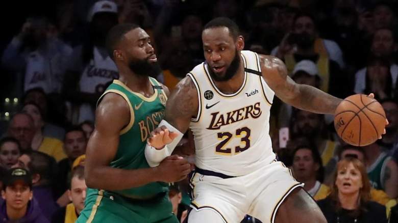 Jaylen Brown of the Boston Celtics and LeBron James of the Los Angeles Lakers.