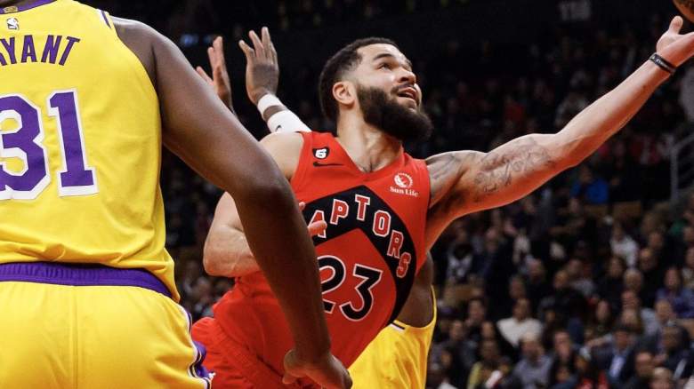 Fred VanVleet of the Toronto Raptors goes to the hoop against the Los Angeles Lakers.