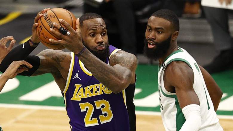LeBron James of the Los Angeles Lakers and Jaylen Brown of the Boston Celtics.