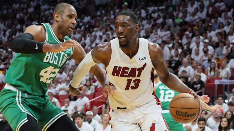 Al Horford of the Boston Celtics and Bam Adebayo of the Miami Heat.